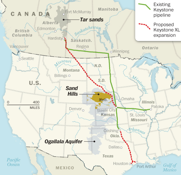 The Keystone XL Pipeline would run from Alberta to Port Arthur, Texas.