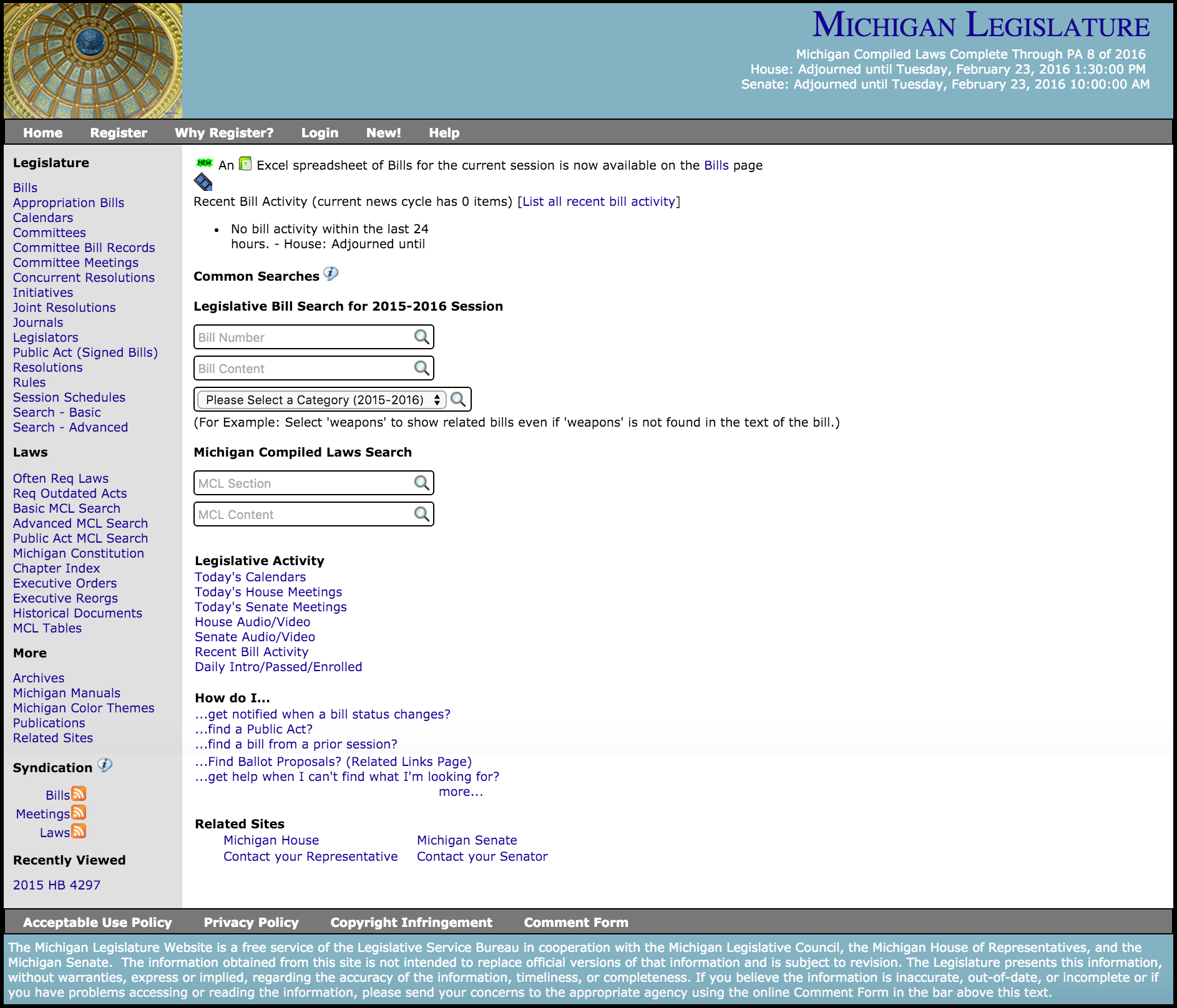 Fig. 1 - Home Page of www.legislature.mi.gov. From here you can quickly and easily find anything in Michigan's legislative process or history. Click image to enlarge.