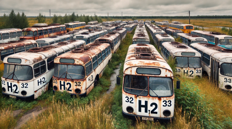 rusting h2 buses covered in bird dung