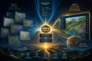 RMP's Software Launch Hero Image - map panels floating around a glowing Gen4 sign